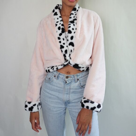 Cropped Fluffy Pink & Cow Print Jacket - Picture 2 of 6